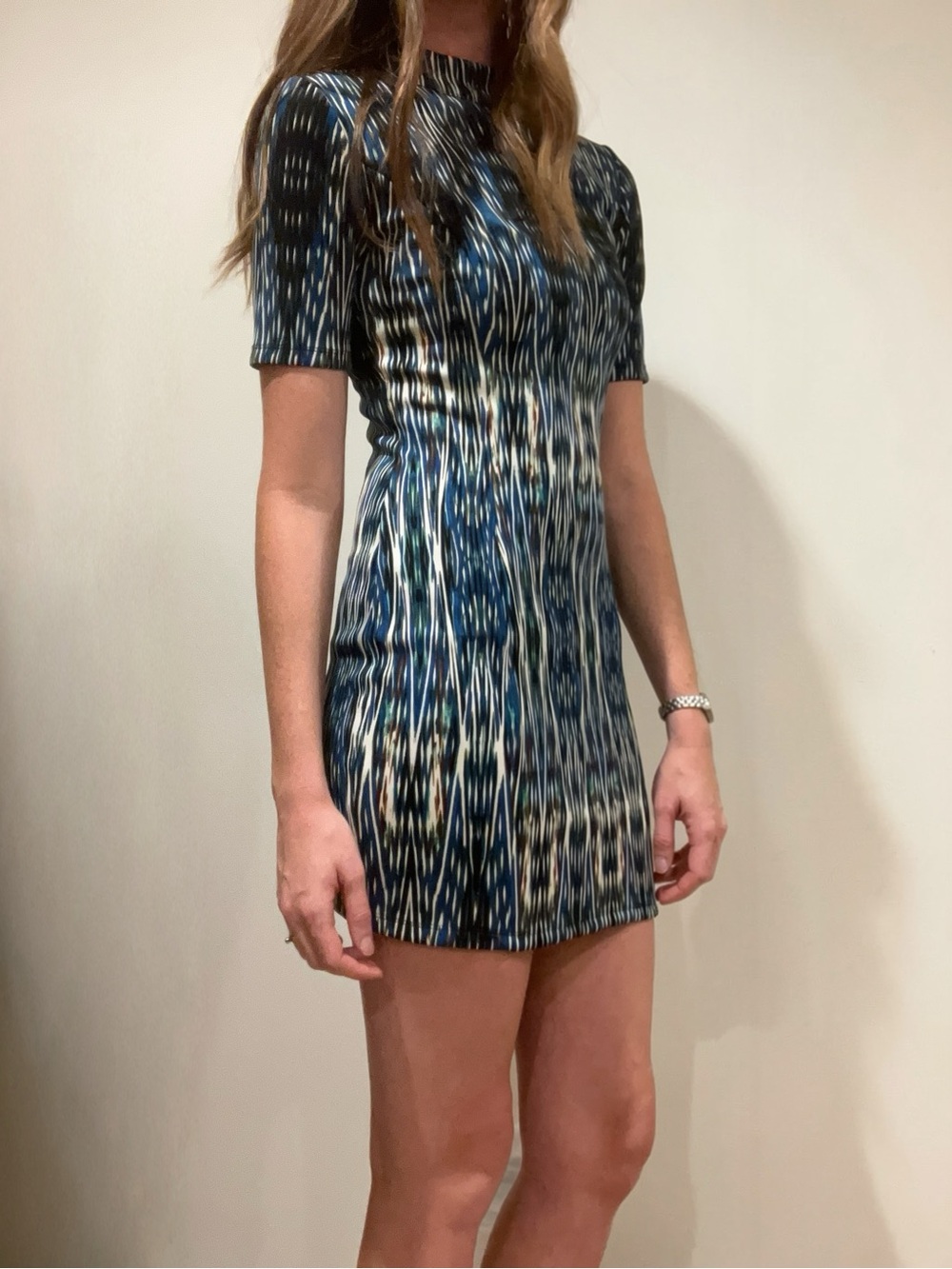 Short Sleeve Blue Patterned Mini Dress